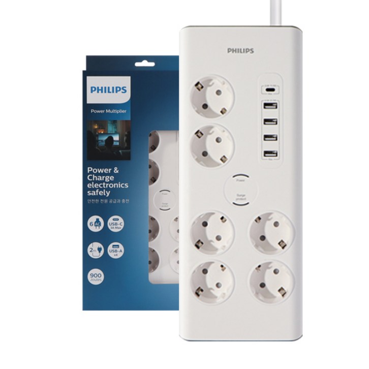 필립스 프리미엄 USBC타입 멀티탭 6구 8구 서지보호 낙뢰 과부하차단, 1개, 2m