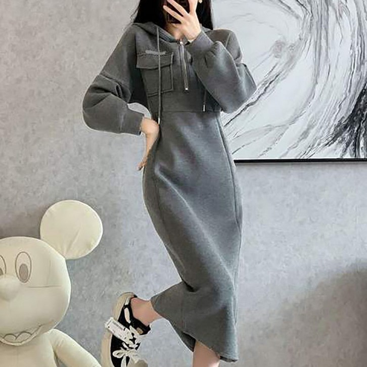 추동 여성 후드 반집업 후드 기모 보온 원피스