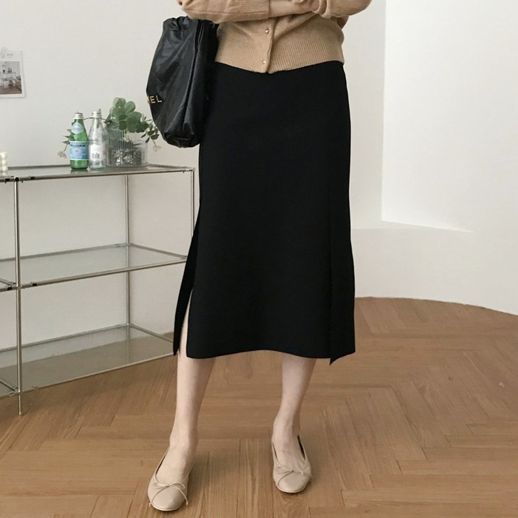 여성 H라인 밴딩 슬림핏 사이드 트임 미디 스커트 빅사이즈 데일리 오피스룩 국내제작