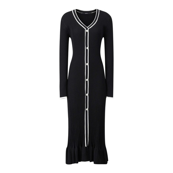 지지피엑스. 골지 브이넥 페이크 버튼 롱 원피스 GPCOW023D