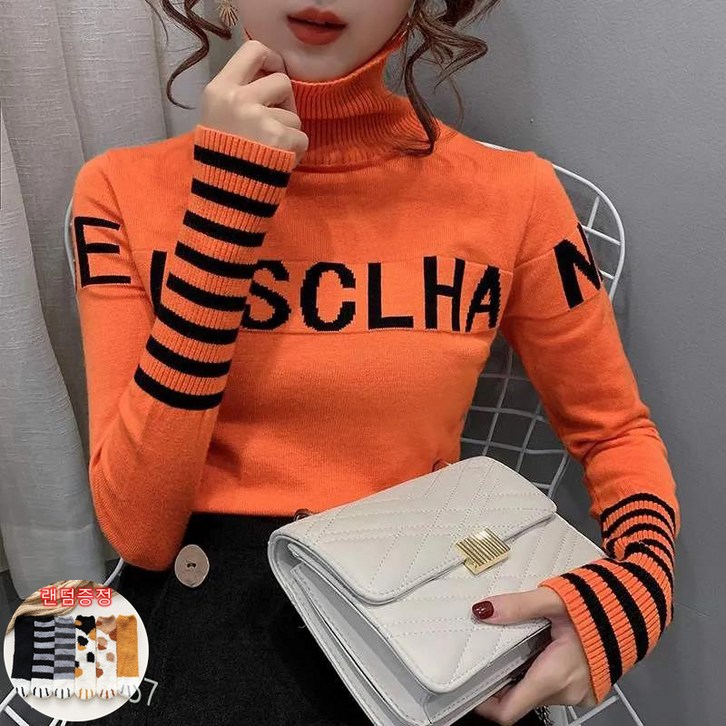 TIYANY 여성용 터틀넥 니트 스웨터 레터링  양말 증정