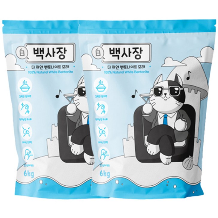 백사장 고양이 모래 무향 벤토나이트, 2개, 6kg 백사장 고양이 모래 무향 벤토나이트, 2개, 6kg