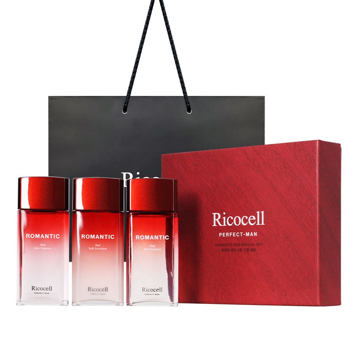 리코셀 퍼펙트맨 로맨틱 레드 3종 기획 세트쇼핑백남성 스킨 로션 150ml 미백 주름개선 기능성 대용량 선물세트, 1세트