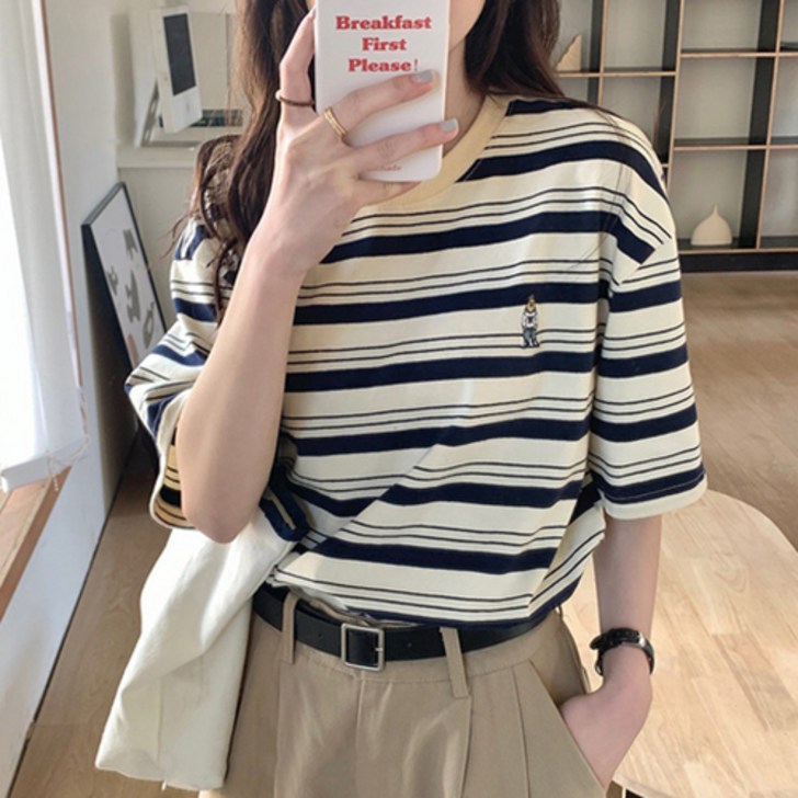 데일로엔 여성용 곰돌이 자수 줄무늬 반팔티셔츠