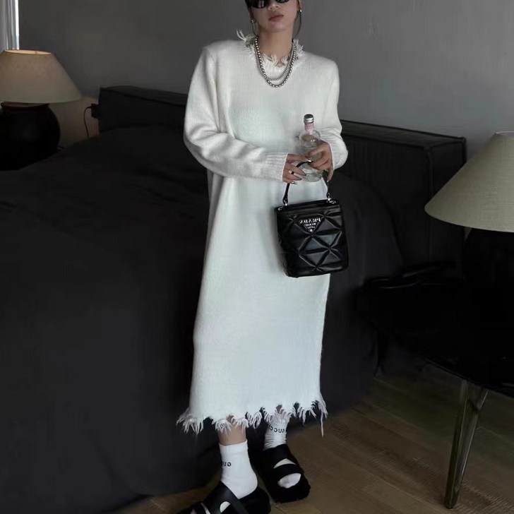 설온 여성 프리니 유니크 프린지 롱 니트 원피스