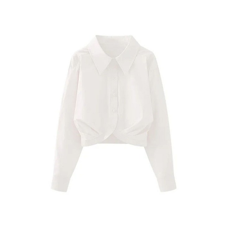 ROYALBELLE 여성 카라넥 주름 긴팔 크롭 디자인 루즈핏 캐주얼 셔츠 V080886