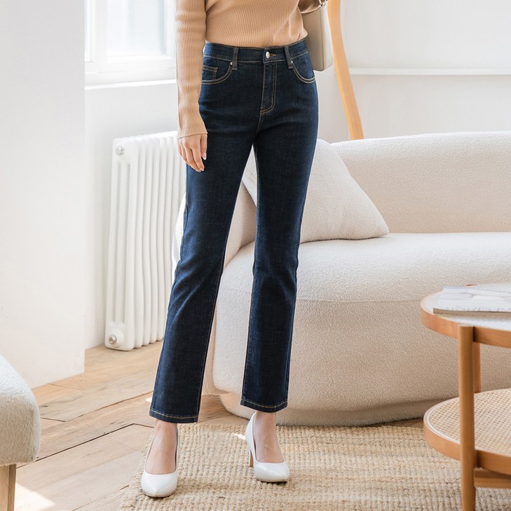 진마니아 여성용 짧은기본긴 기장 허리 속밴딩 스판 일자 데님 팬츠 DS0012