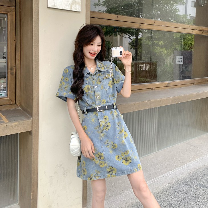 꽃무늬 데님원피스 여름 셔츠 반팔 오버롤 잔꽃 청 원피스