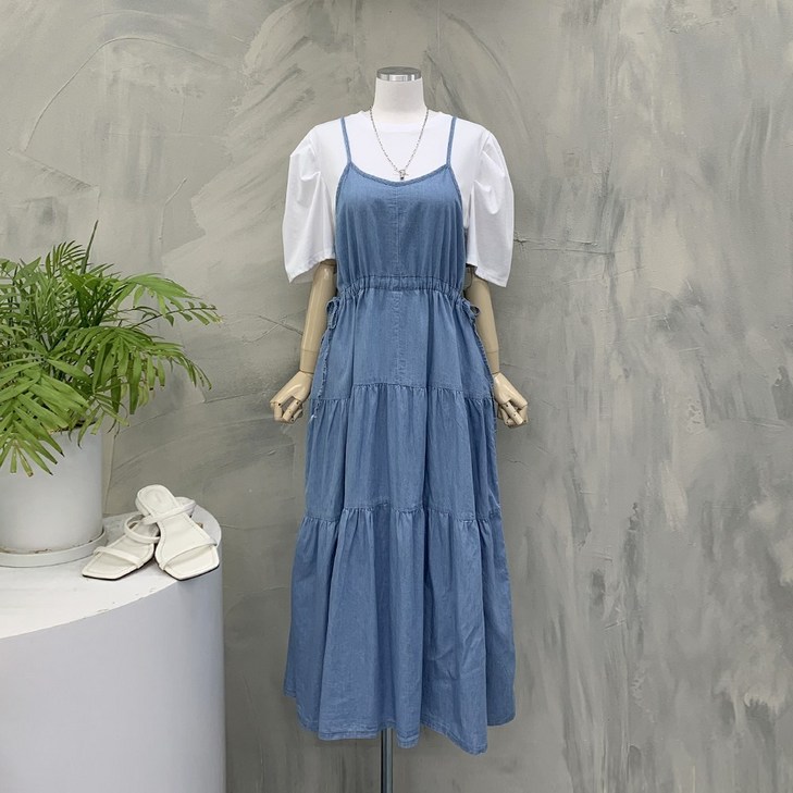 행복여 칸느 셔링 끈 조절 티어드 데님 청 뷔스티에 롱 원피스