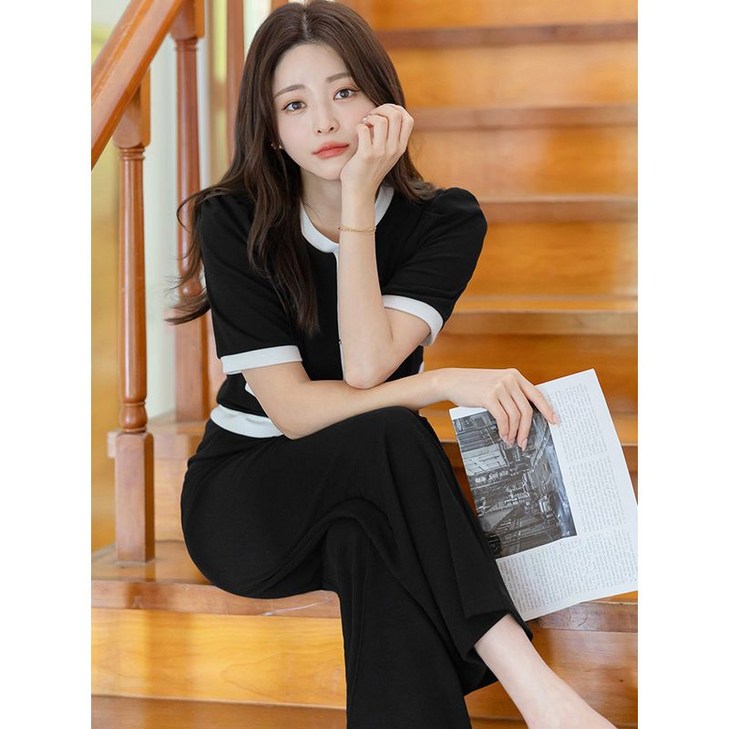 시크라인   XL까지  배색포인트 퍼프티셔츠+와이드팬츠 세트 국내생산  이지룩 데일리룩 출근룩 팬츠세트