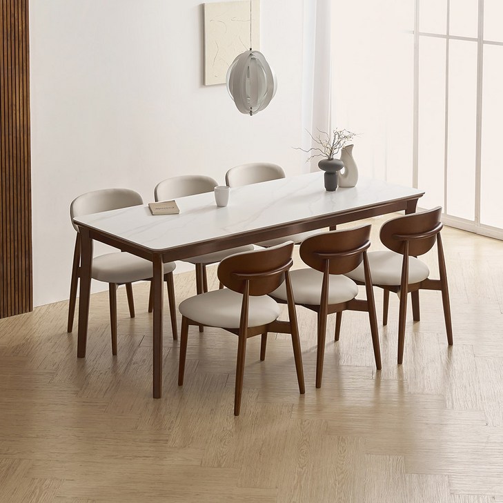 라로퍼니처 플레인 1900 포세린 통 세라믹 6인 고무나무 원목 식탁 세트 화이트  그레이 상판