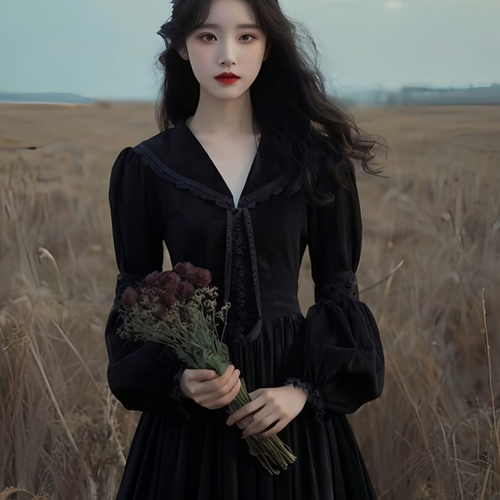 프렌치 블랙 벨벳 원피스