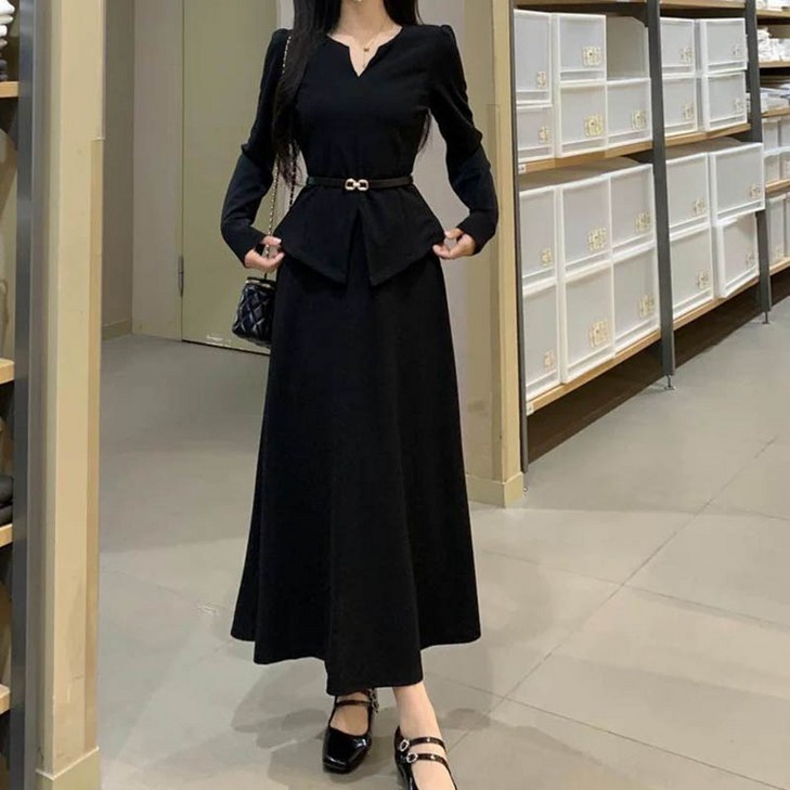 슬림소녀 여성 봄가을 세트 원피스 긴팔 슬림 빅 스커트 심플 스타일 캐주얼 데일리 빅사이즈 롱 스커트 40100KG