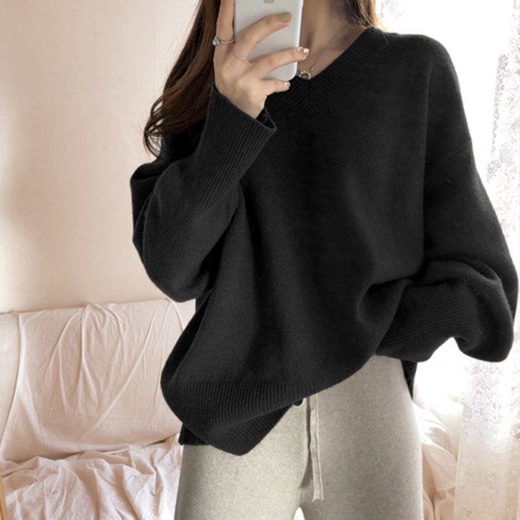 라라홀리 데일리 베이직 브이넥 파스텔 루즈 기본 긴팔 니트