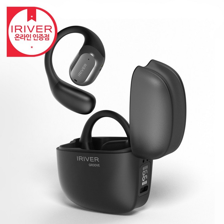 아이리버 IOWG1 블루투스 5.3 귀에거는 오픈핏 러닝 헬스 자전거 운동용 인체공학 디자인 LED 배터리 잔량 확인 휴대용 C타입 자동페어링 터치컨트롤 귀걸이형 블루투스 이어폰, 블랙