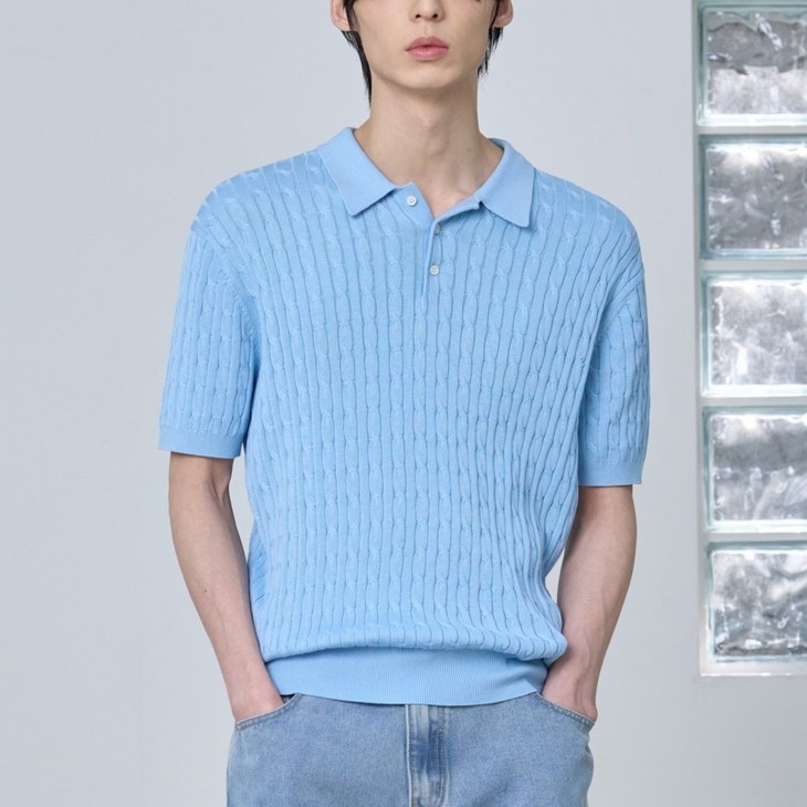 에이지오디 코튼 모달 워셔블 버튼 카라 케이블 하프 니트 반팔니트 반소매니트 캐주얼 데일리 남녀공용 케이블 하찌 반집업 오버핏