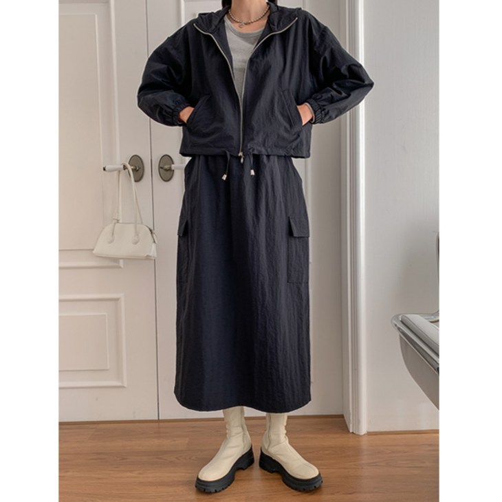 마이쏭 하이앤드바스락집업스커트세트 투피스 롱스커트 뒷트임 등원룩 데일리룩