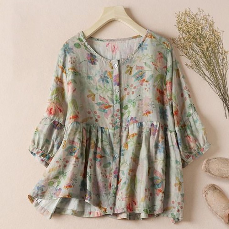 POMTOR 여성 여름 리넨셔츠 5부 소매 라운드넥 면 티셔츠 셔링 오버핏 반팔 면 마 플라워 인형 블라우스