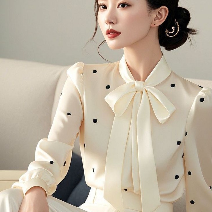 25 여성 봄 블라우스 상의 레트로 스타일 패션 새틴블라우스 트렌디한 샤오샹 도트 리본블라우스 엄마옷