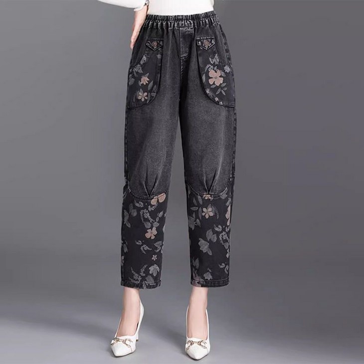 패션 중년 여성 봄가을 청바지 플라워 패치워크 데님 팬츠 엘라스틱 허리 넉넉한 캐주얼 스타일 YLP