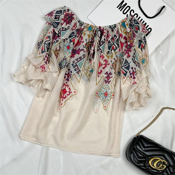 보헤미안블라우스 에스닉 자수 유명한 스타일 여름 느슨한 프릴 기질 한 어깨 반팔 셔츠 여성 얇은 섹션 노화 감소 꽃 탑