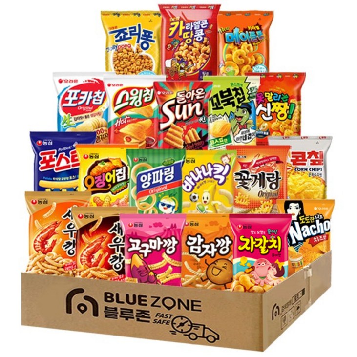 블루존 인기스낵 20종 A세트새우깡매새감자깡고구마깡자갈치포스틱오징어집바나나킥양파링나초포카칩오스윙칩썬꼬북칩꽃게랑콘칲신짱죠리퐁카땅카라멜메이플콘, 1개