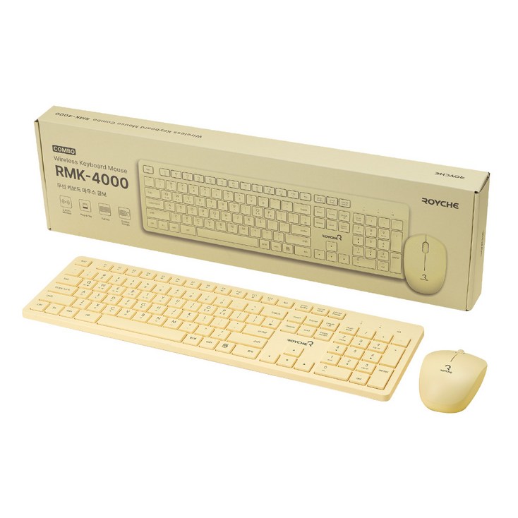 로이체 풀배열 저소음 인체공학 무선 키보드 마우스 세트, 일반형, RMK4000, 레몬 옐로우 로이체 풀배열 저소음 인체공학 무선 키보드 마우스 세트, 일반형, RMK4000, 레몬 옐로우