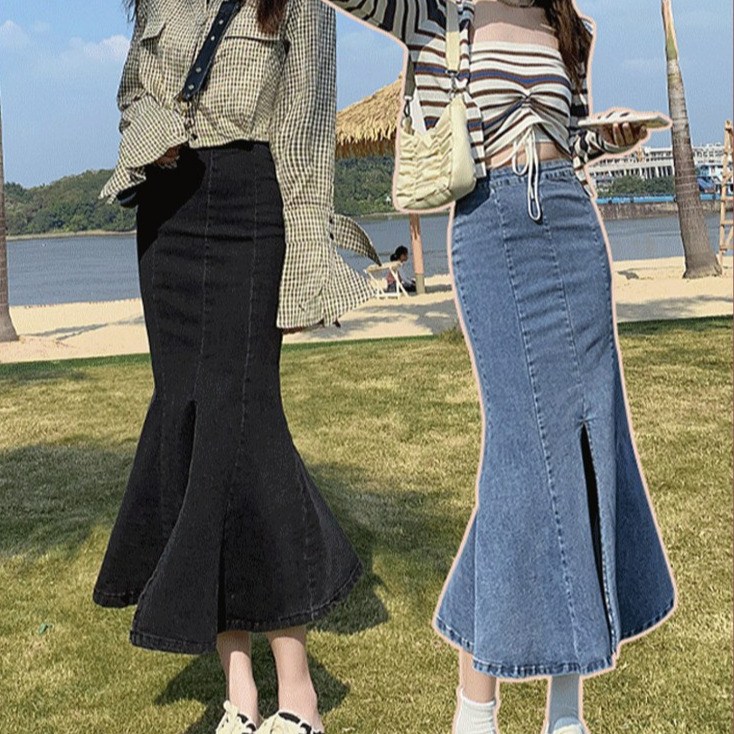 111 여성 데님 힙 스커트 하이웨이스트 스판 트임 머메이드 힙 데님 스커트