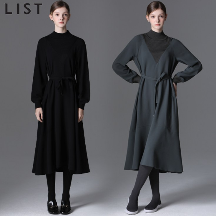 리스트LIST 벨티드 니트 블록 하이넥 원피스 택가격 278000원