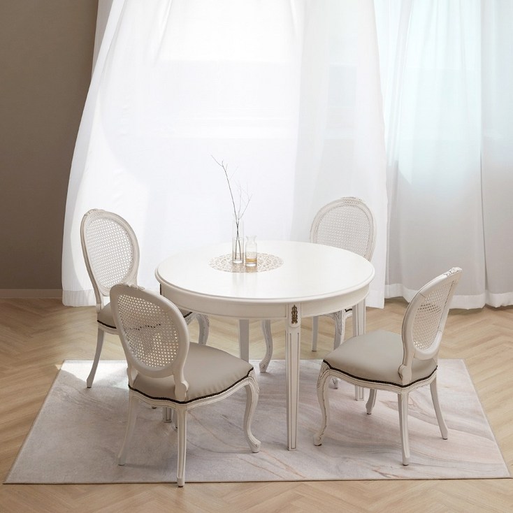 피어젠가구 미아 프렌치 엔틱 원형 원목 식탁 세트 화이트