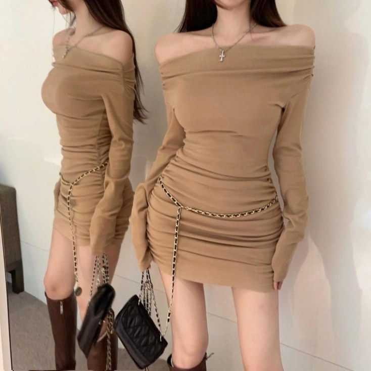 아이엠몽 여성 오프 숄더 셔링 슬림 미니원피스