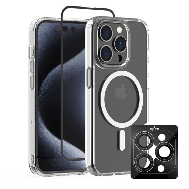 디자인스킨 아이폰15 프로 맥스 투명 맥세이프 휴대폰 케이스 + 프리미엄 강화유리 액정보호필름 1매 + 프리미엄 카메라 렌즈프로텍터 1매