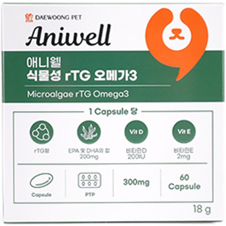 대웅펫 애니웰 반려동물 식물성 rTG 오메가3 캡슐 영양제 18g, 피부털개선, 1개