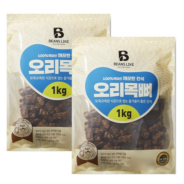 친절한도그씨 빈즈라이크 오리 목뼈 2kg 1kgx2팩 대용량 애견간식