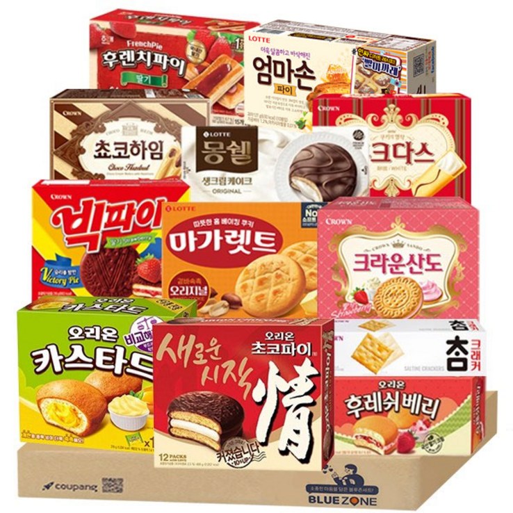 블루존 사무실 탕비실 간식 파이 과자 12종 세트 오리온초코파이카스타드참크래커후레쉬베리엄마손파이몽쉘마가렛트빅파이후렌치파이초코하임쿠크다스화이트딸기산도, 1개