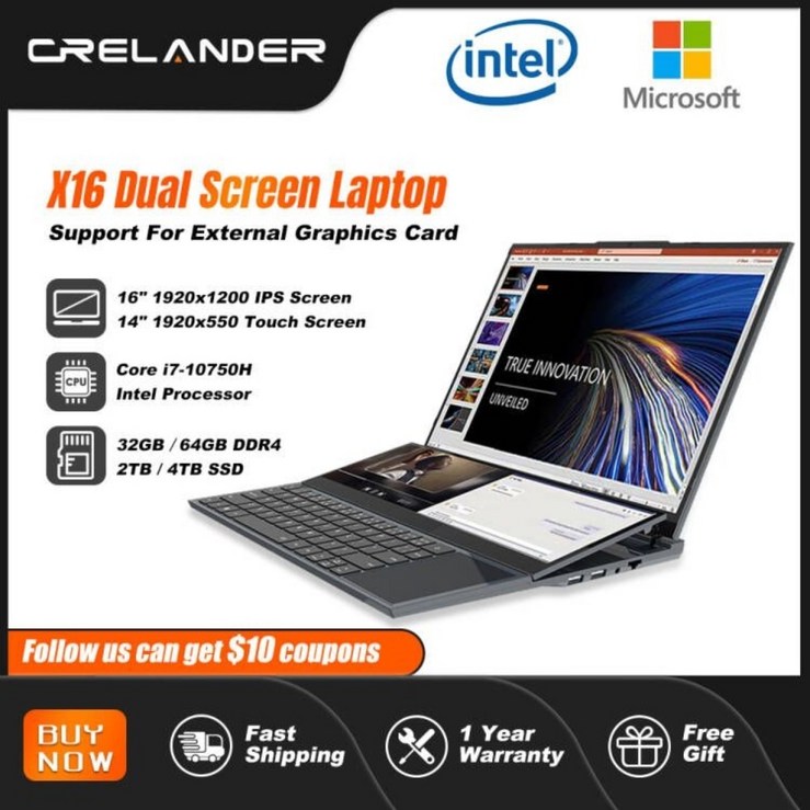 CRELANDER 듀얼 스크린 노트북, 코어 i7 10 세대, 터치 스크린 게이밍 노트북, PC 휴대용 노트북 컴퓨터, 신제품, 없음, 8GB RAM 128GB SSD+AU+Intel Cor