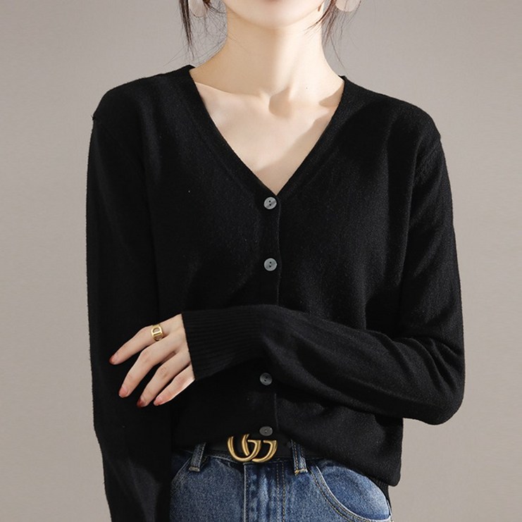 여성 데일리 골지 버튼 긴팔 브이넥 소프트터치 니트 가디건