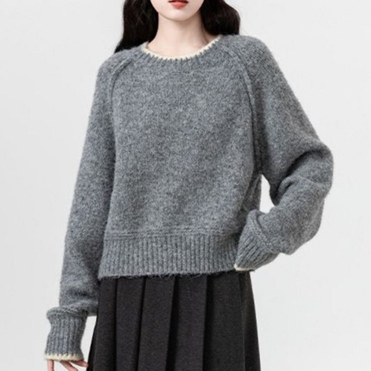 티레오 100 양모 스웨터 캐주얼 라운드 긴팔 니트 티셔츠 루즈핏 카라 니트 가을겨울용 두툼 여성 상의