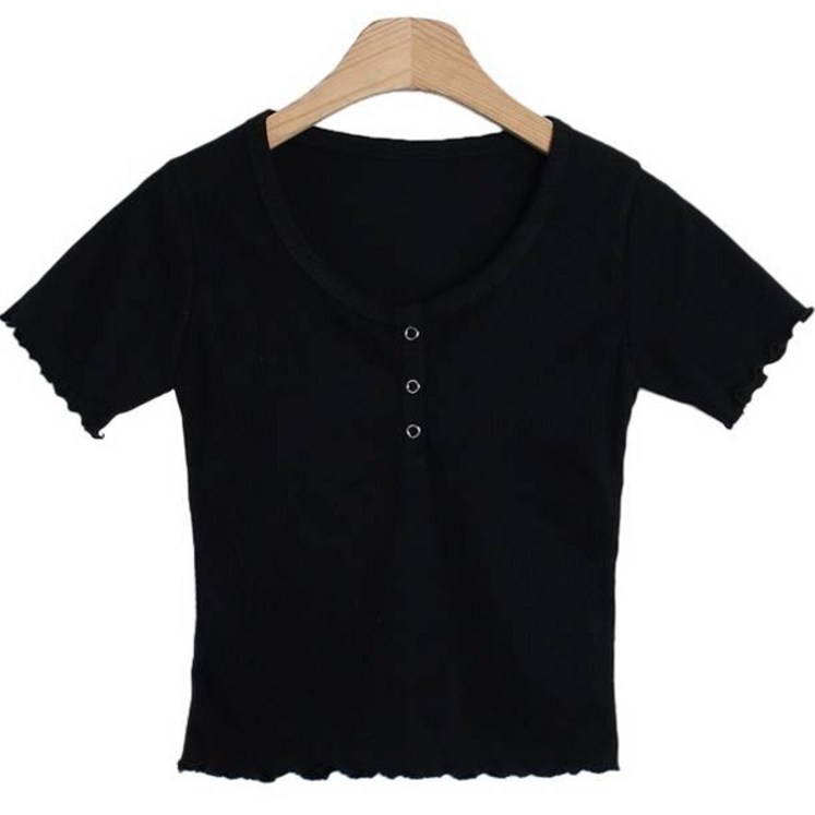 여성용 트웰브 라운드넥 슬림핏 버튼 골지 반팔 티셔츠 cpt12411k33