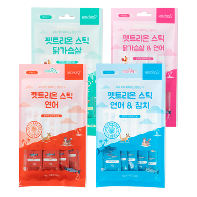 펫트리온 반려동물 스틱 4종 x 50g 세트, 닭가슴살맛, 닭가슴살 연어 혼합맛, 연어맛, 연어 참치 혼합맛, 1세트
