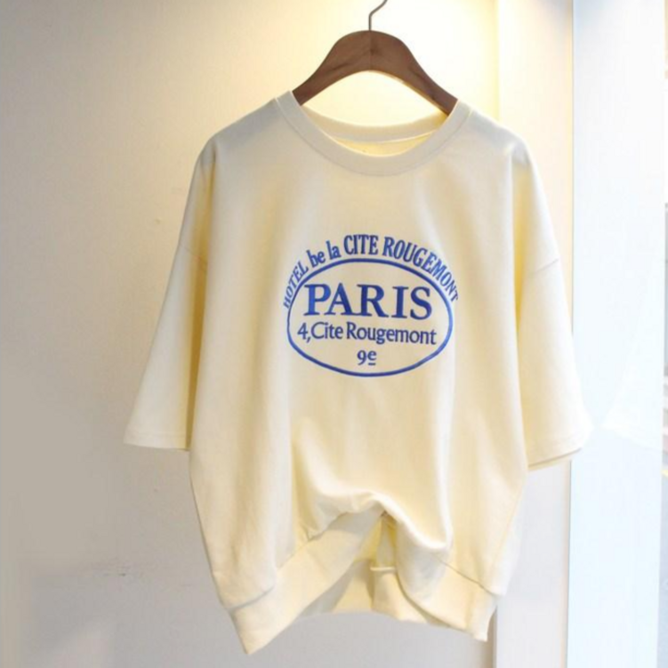 파리 자수 오버핏 여자 반팔 맨투맨 티셔츠 - 쇼핑앤샵