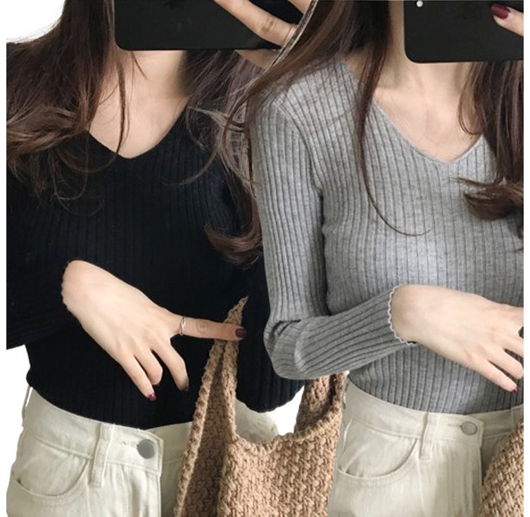 마르 여성용 브이넥 슬림 골지 니트 2p