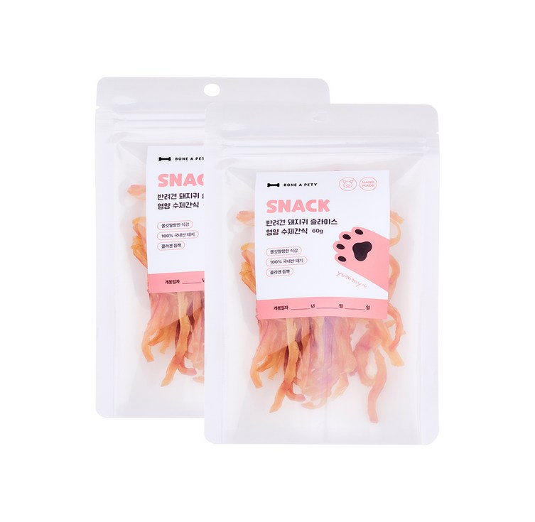본아페티 반려견 강아지 돼지귀 슬라이스 건조 수제간식 영양식 특식 육포 60g, 2개