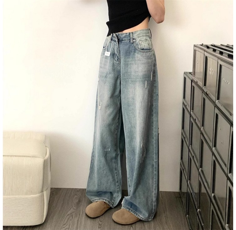 Wiseha 여성 롱와이드 데님팬츠 통넓은 청바지