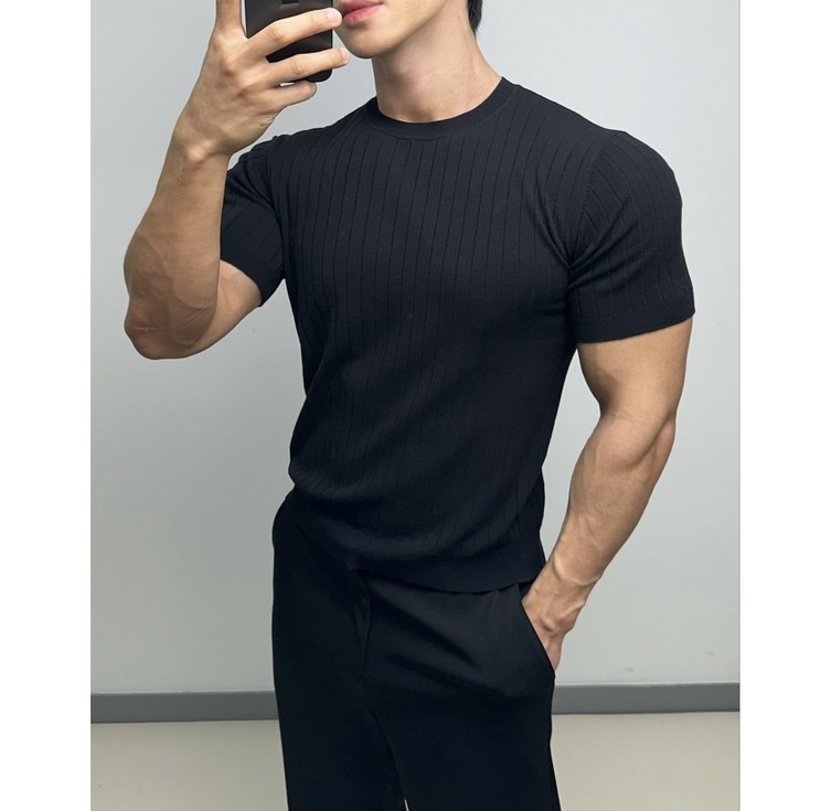 AMBEX 남자 여름 머슬핏 반팔 라운드 스트라이프 비스코스 니트 카라티 티셔츠 슬림핏