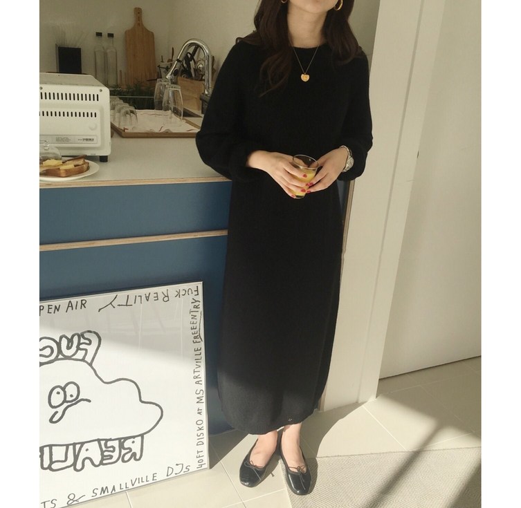 루어스룸 플레인 루즈핏 라운드넥 하객룩 임부복 긴팔 빅사이즈 니트 롱 원피스