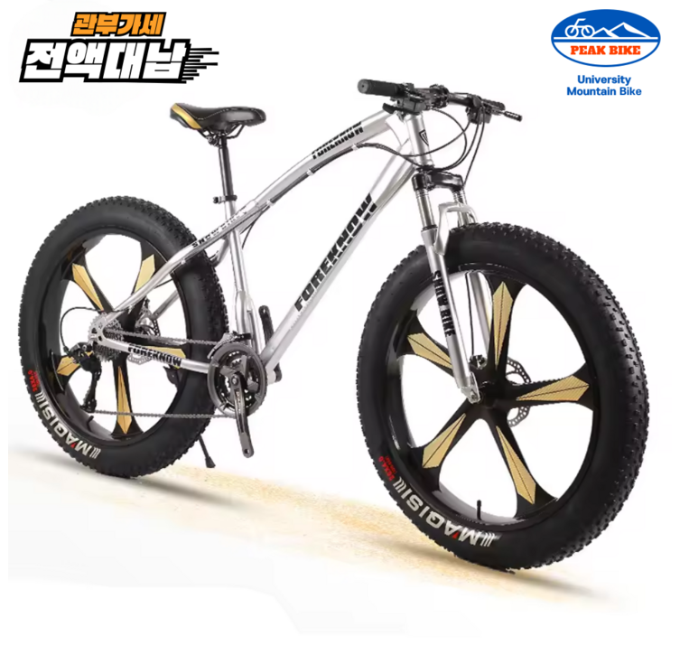 PEAK 팻바이크 풀샥 산악 자전거 MTB 광폭 타이어, 실버 26인치, 1개