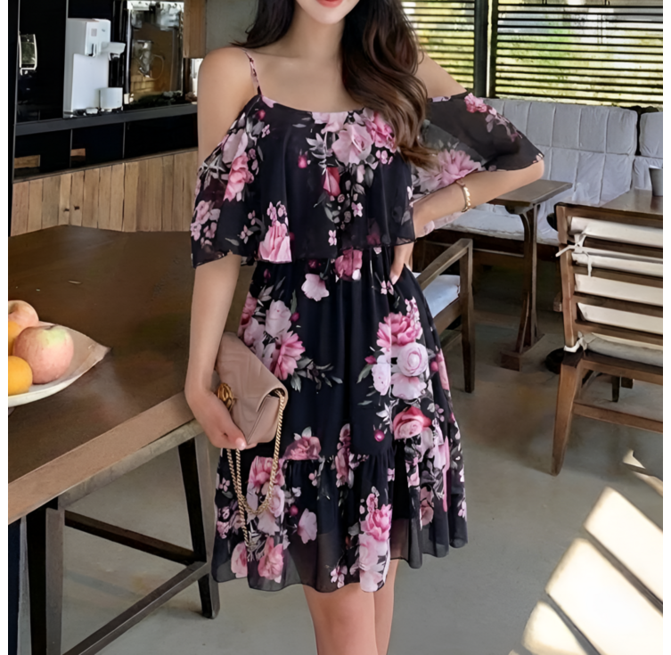 쁘띠엘라 휴양지원피스 체형커버 쉬폰 미니 드레스 리조트룩