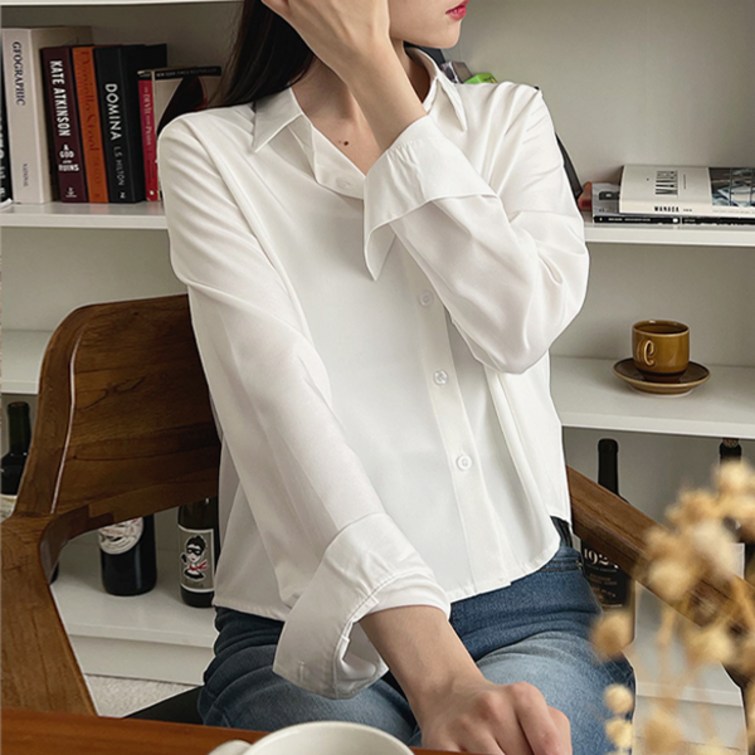 오버나인 여자 여성 데일리 링클프리 무지 크롭 긴팔 셔츠 블라우스 오버나인 여자 여성 데일리 링클프리 무지 크롭 긴팔 셔츠 블라우스